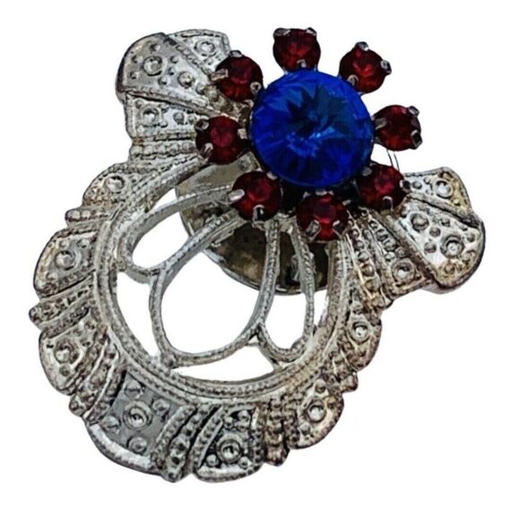 Vintage Jane Blue Red Icy Rhinestone Angel Brooch Pin 1" Silver Tone Filagree - Picture 8 of 12